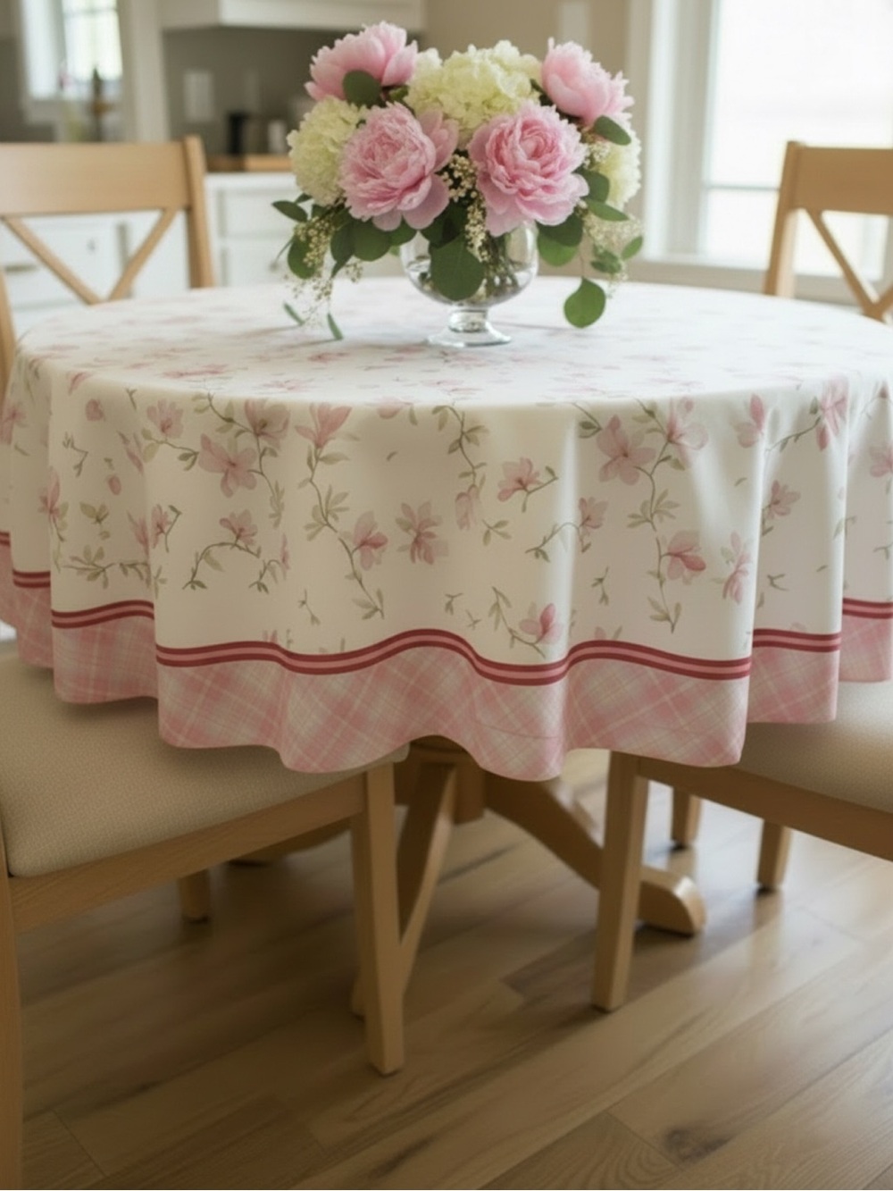 Pink Gingham & Floral Round Tablecloth - NWT -  60" round